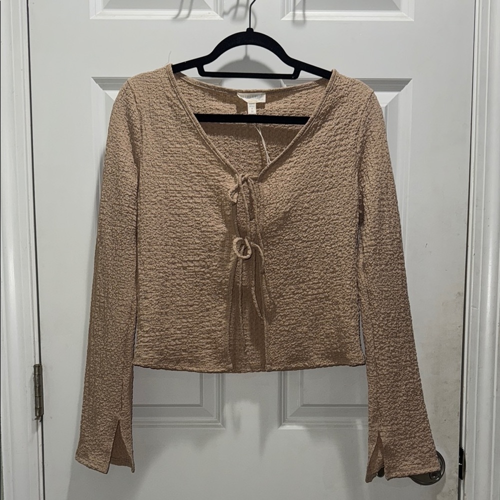 See You Monday Tan Bell Sleeve Tie Front Blouse
